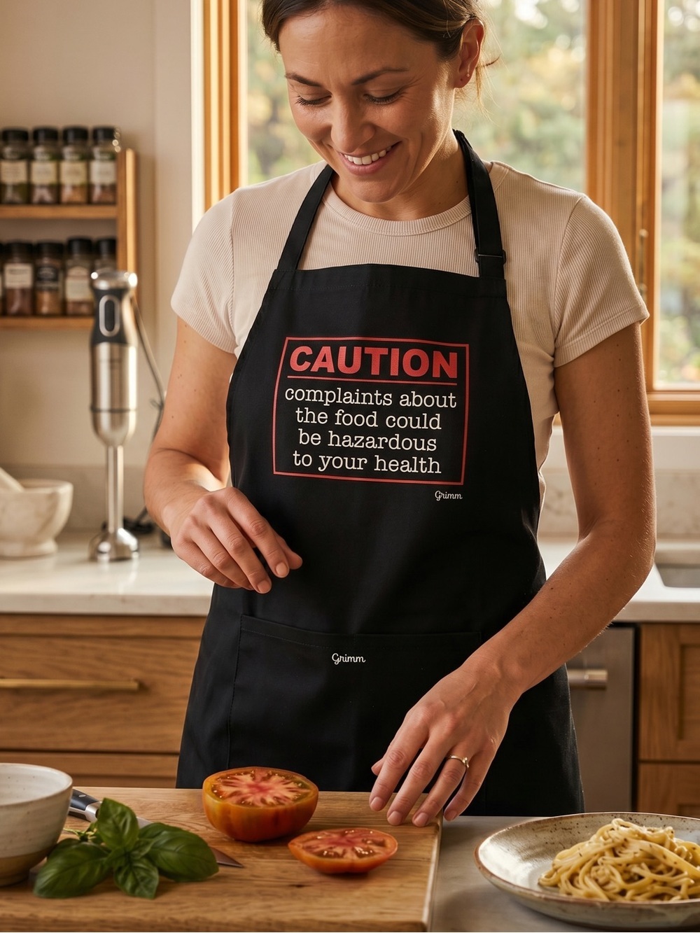 Grimm Black 'Caution' Graphic Kitchen Apron